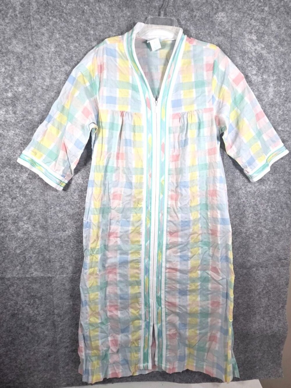 National Vintage Pastel Plaid Zip Patio House Muumuu Dress with Pockets Large